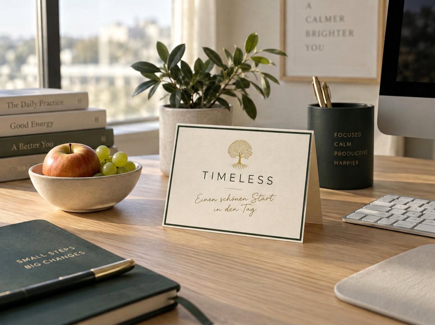 TIMELESS Grußkarte auf einem gereinigten Schreibtisch